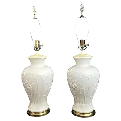 Pre-owned Paul Hanson Lighting Co. Paul Hanson Ceramic Table Lamps Embossed Iris Flowers In Sand