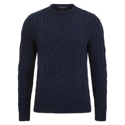 Paul James Knitwear Blue Mens Chunky Merino Wool Cameron Cable Jumper - Navy Melange