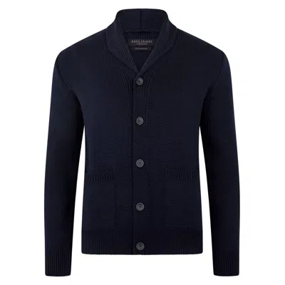 Paul James Knitwear Blue Mens Chunky Merino Wool Marello Shawl Collar Cardigan - Navy
