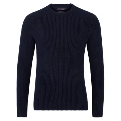 Paul James Knitwear Blue Mens Cotton Clark Fisherman Rib Knit Jumper - Navy