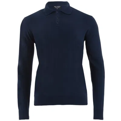 Paul James Knitwear Blue Mens Cotton Hall Long Sleeve Knitted Polo Shirt - Navy