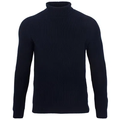 Paul James Knitwear Blue Mens Cotton Jacob Fisherman Rib Knit Roll Neck Jumper - Navy