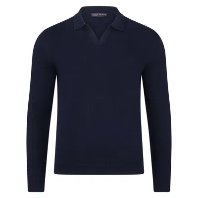 Paul James Knitwear Blue Mens Cotton Lightweight Lyndon Buttonless Polo Shirt - Navy