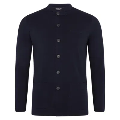 Paul James Knitwear Blue Mens Extra Fine Merino Wool Alonzo Knitted Nehru Jacket - Navy
