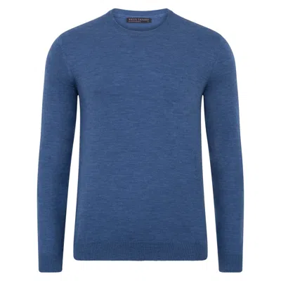 Paul James Knitwear Blue Mens Extra Fine Merino Wool Callington Crew Neck Jumper - Denim