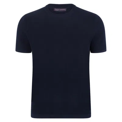 Paul James Knitwear Blue Mens Heavyweight Rossi Cotton Knitted Textured T-shirt - Navy