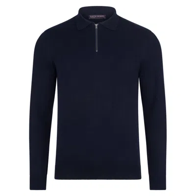 Paul James Knitwear Blue Mens Lightweight Finley Cotton Zip Neck Polo Shirt - Navy