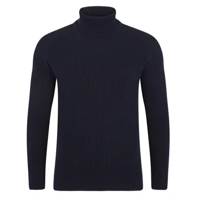 Paul James Knitwear Blue Mens Midweight Cotton Bernard Ribbed Roll Neck Jumper - Navy