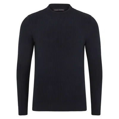 Paul James Knitwear Blue Mens Midweight Cotton Fisherman Rib Noah Jumper - Navy