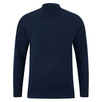 Paul James Knitwear Blue Mens Midweight Cotton Linen Whitby Mock Neck Gansey Jumper - Navy