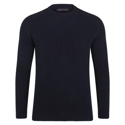 Paul James Knitwear Blue Mens Midweight Cotton Logan Ribbed Crew Neck Jumper - Navy