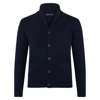 Paul James Knitwear Blue Mens Midweight Cotton Shawl Collar Sebastian Cardigan - Navy