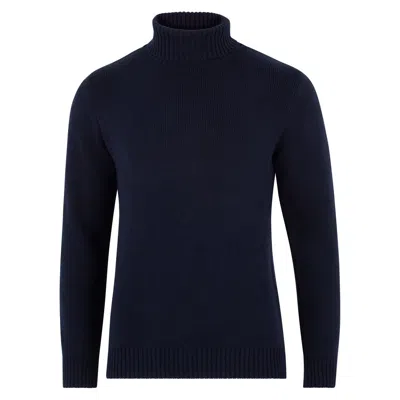 Paul James Knitwear Blue Mens Midweight Pure Cotton Fitted Submariner Roll Neck Harrison Jumper - Navy