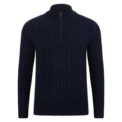 Paul James Knitwear Blue Mens Midweight Romano Cotton Cable Zip Neck Jumper - Navy