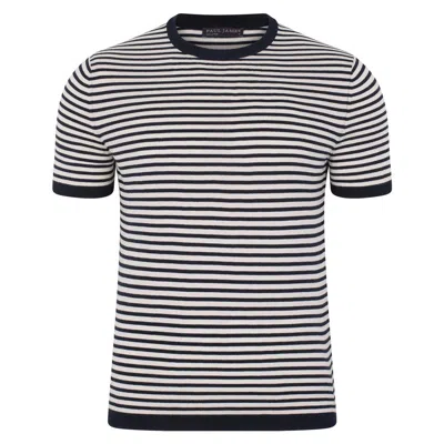 Paul James Knitwear Blue Mens Ultra-fine Cotton Antonio Knitted Narrow Breton Stripe T-shirt - Navy