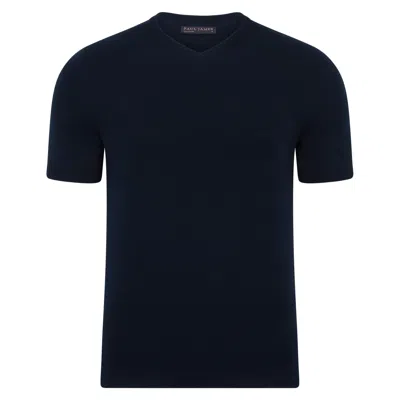 Paul James Knitwear Blue Mens Ultra Fine Cotton Hudson High V Neck Knitted T-shirt - Navy