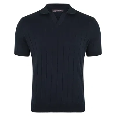 Paul James Knitwear Blue Mens Ultra Fine Cotton Riley Selection Knit Buttonless Polo Shirt - Navy