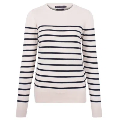 Paul James Knitwear Blue / Neutrals Womens Ultra-fine Cotton Breton Tavia Crew Neck Jumper - Ecru