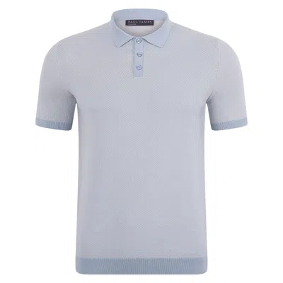 Paul James Knitwear Blue / White Mens Lightweight Cotton Pietro Two Tone Textured Polo Shirt - Chalk Blue In Blue/white