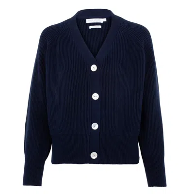 Paul James Knitwear Blue Womens Cotton Oversized V Neck Ribbed Tilda Cardigan - Navy