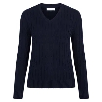 Paul James Knitwear Blue Womens Cotton Talulah Cable V Neck Jumper - Navy