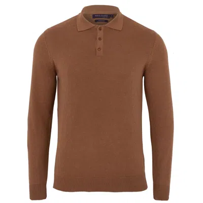 Paul James Knitwear Brown Mens Cotton Hall Long Sleeve Knitted Polo Shirt - Camel