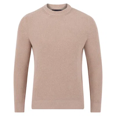 Paul James Knitwear Brown Mens Midweight Cotton Fisherman Rib Noah Jumper - Sand