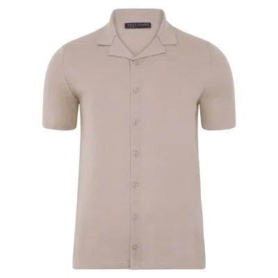 Paul James Knitwear Brown Mens Ultra Fine Cotton Cuban Collar Varadero Shirt - Linen