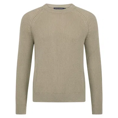Paul James Knitwear Brown / Neutrals Mens Chunky Merino Wool Smith Fisherman Rib Knit Jumper - Stone