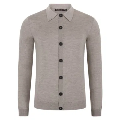 Paul James Knitwear Grey Mens Extra Fine Merino Wool Cassius Polo Cardigan - Barley