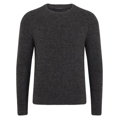 Paul James Knitwear Grey Mens Sheepsoft British Wool Byron Fisherman Rib Knit Jumper - Charcoal