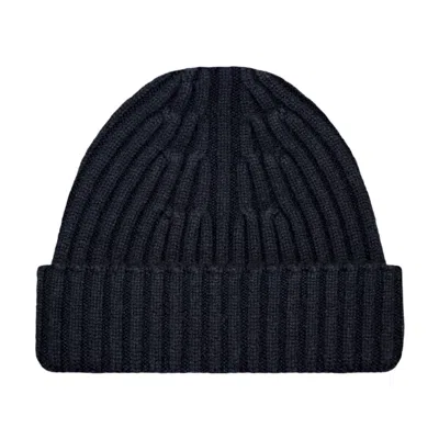 Paul James Knitwear Men's Blue Heavyweight Merino Cashmere Tiberius Ribbed Beanie - Submarine Navy