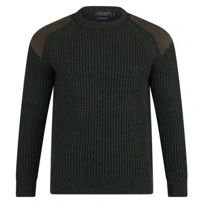Paul James Knitwear Men's Green Chunky British Wool Hardy Ribbed Shooting Jumper - Loden