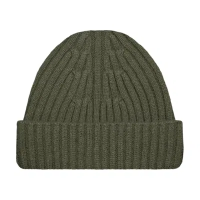 Paul James Knitwear Men's Green Heavyweight Merino Cashmere Tiberius Ribbed Beanie - Khaki