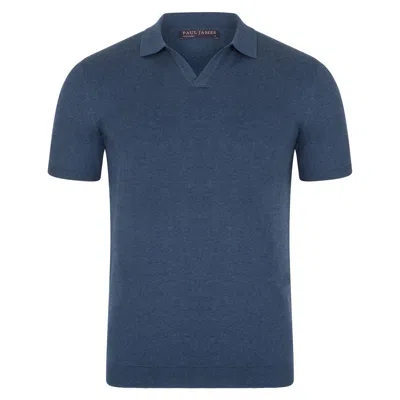 Paul James Knitwear Men's Ultra Fine Cotton Nathan Buttonless Polo Shirt - Blue Melange