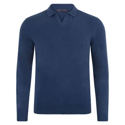 Paul James Knitwear Mens Cotton Lightweight Lyndon Buttonless Polo Shirt - Blue Melange