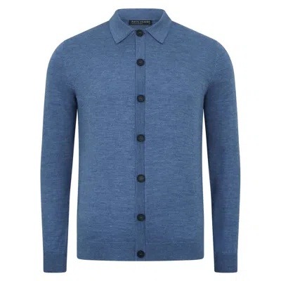 Paul James Knitwear Mens Extra Fine Merino Wool Cassius Polo Cardigan - Denim Blue