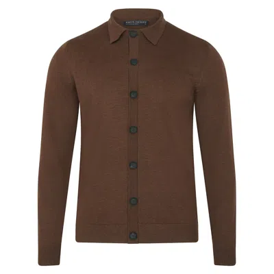 Paul James Knitwear Mens Extra Fine Merino Wool Cassius Polo Cardigan - Oak Brown