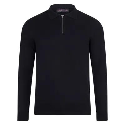 Paul James Knitwear Mens Lightweight Finley Cotton Zip Neck Polo Shirt - Black