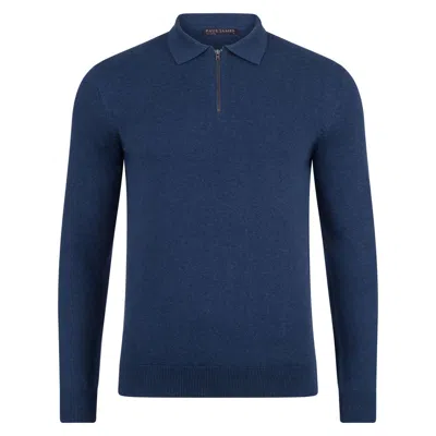 Paul James Knitwear Mens Lightweight Finley Cotton Zip Neck Polo Shirt - Blue Melange