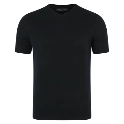 Paul James Knitwear Mens Superfine Mercerised Cotton Adriano V Neck Knitted T-shirt - Black