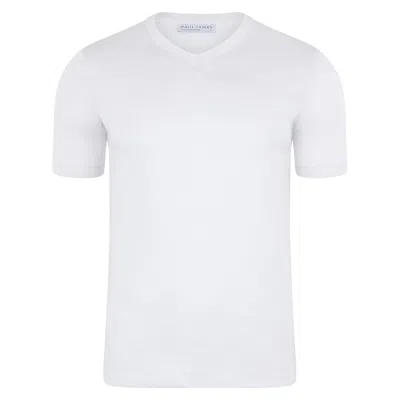 Paul James Knitwear Mens Superfine Mercerised Cotton Adriano V Neck Knitted T-shirt - White