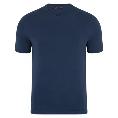 Paul James Knitwear Mens Ultra Fine Cotton Hudson High V Neck Knitted T-shirt - Blue Melange
