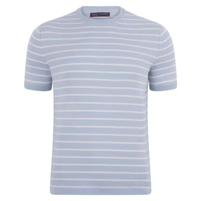 Paul James Knitwear Mens Ultra-fine Cotton Javier Knitted Pin Stripe T-shirt - Chalk Blue