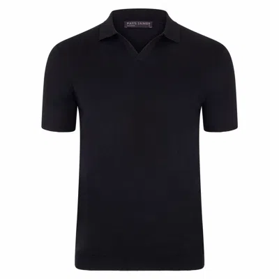 Paul James Knitwear Mens Ultra Fine Cotton Nathan Buttonless Polo Shirt - Black