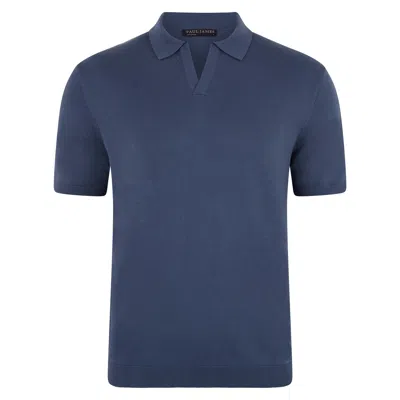 Paul James Knitwear Mens Ultra Fine Cotton Nathan Buttonless Polo Shirt - Indigo Blue