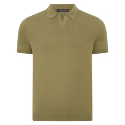 Paul James Knitwear Neutrals / Green Men's Ultra Fine Cotton Nathan Buttonless Polo Shirt - Light Olive