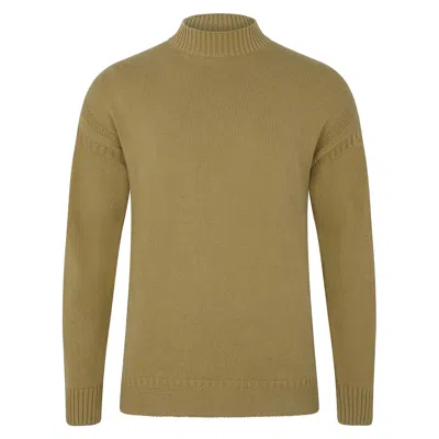 Paul James Knitwear Neutrals / Green Mens Midweight Cotton Linen Whitby Mock Neck Gansey Jumper - Light Olive