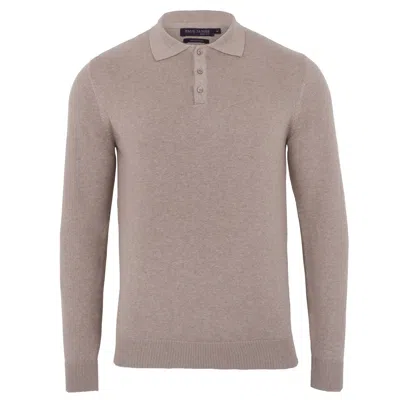 Paul James Knitwear Neutrals Men's Cotton Hall Long Sleeve Knitted Polo Shirt - Fawn In Gold