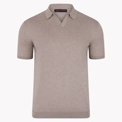 Paul James Knitwear Neutrals Men's Ultra Fine Cotton Nathan Buttonless Polo Shirt - Fawn In Brown